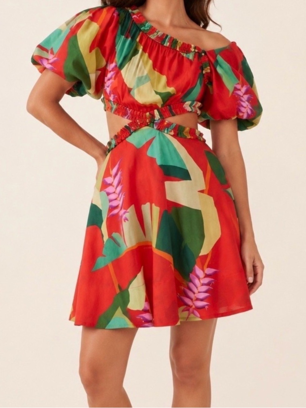 FARM RIO PUFF-SLEEVE CUTOUT PRINTED DRESS - red motif